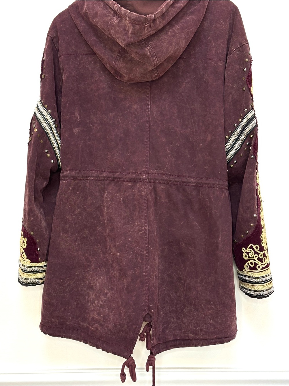 Free People Golden Quills Military Parka Jacket Size S Boho Merlot Burgundy - Picture 9 of 14